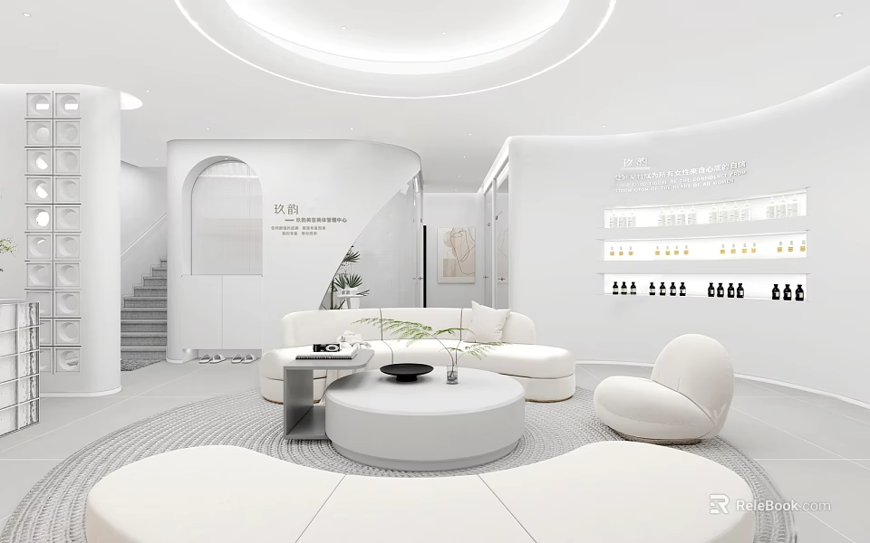 Modern Luxury Beauty Hair Salon With White Circular Sofa Curved Walls Display Shelves Green Plants 3d model 
