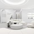 Modern Luxury Beauty Hair Salon With White Circular Sofa Curved Walls Display Shelves Green Plants