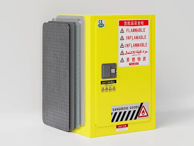 Yellow Storage Cabinet For Dangerous Goods With Flammable Warning Signs 3d model