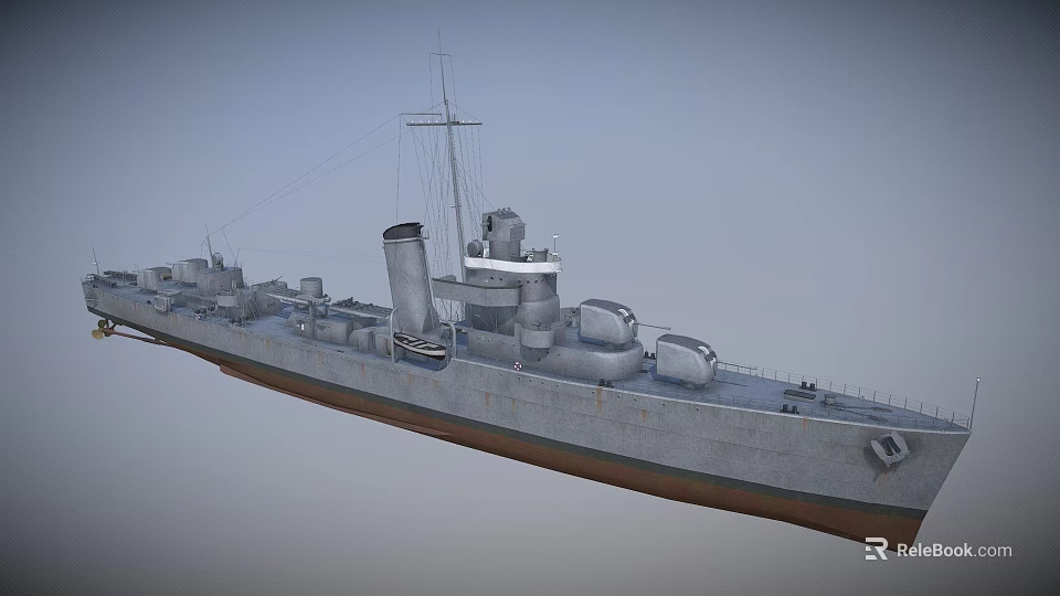 Detailed 3D Rendered Warship With Gray Hull Brown Bottom Smokestack Mast And Deck 3d model 