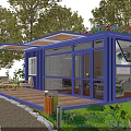 Blue Container House With Wooden Deck Glass Doors And Surrounding Greenery Flowers