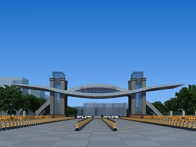Modern Architectural Entrance Gate With Twin Pillars Arch Structure And Landscaped Trees 3d model