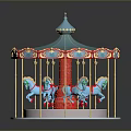 Colorful Vintage Carousel With Blue Canopy Red Trim Blue Horses And Transparent Base