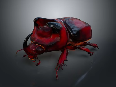 Red Beetle With Large Horned Head And Shiny Body On Dark Background 3d model