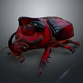 Red Beetle With Large Horned Head And Shiny Body On Dark Background