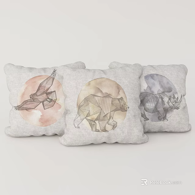 Three Light Gray Throw Pillows With Watercolor Animal Designs For Home Decor 3d model 