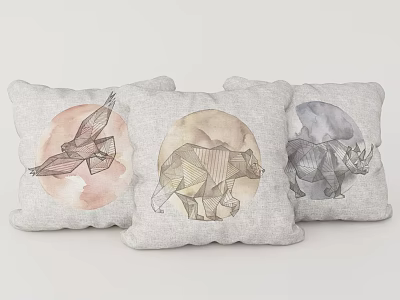 Three Light Gray Throw Pillows With Watercolor Animal Designs For Home Decor 3d model