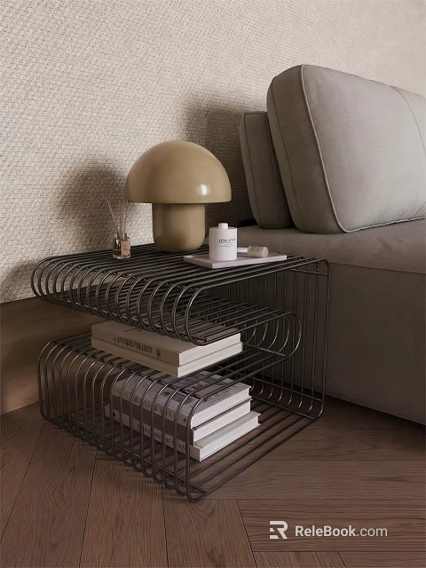 Modern Metal Multi Tiered Side Table With Mushroom Lamp Books And Decorative Items 3d model 