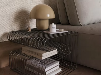 Modern Metal Multi Tiered Side Table With Mushroom Lamp Books And Decorative Items 3d model