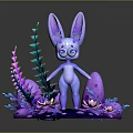 Fantasy Blue Rabbit Game Character With Large Ears Surrounded By Purple Pink Flowers Green Plants