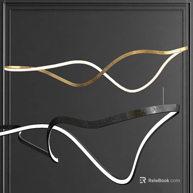 Modern Wavy Chandelier With Gold And Black Metal Curved Structure And LED Light Strips 3d model 