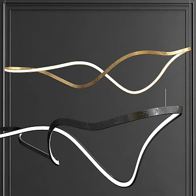 Modern Wavy Chandelier With Gold And Black Metal Curved Structure And LED Light Strips 3d model