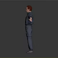 3D Character Model With Red Hair Blue Jumpsuit Arms Outstretched Gray Background