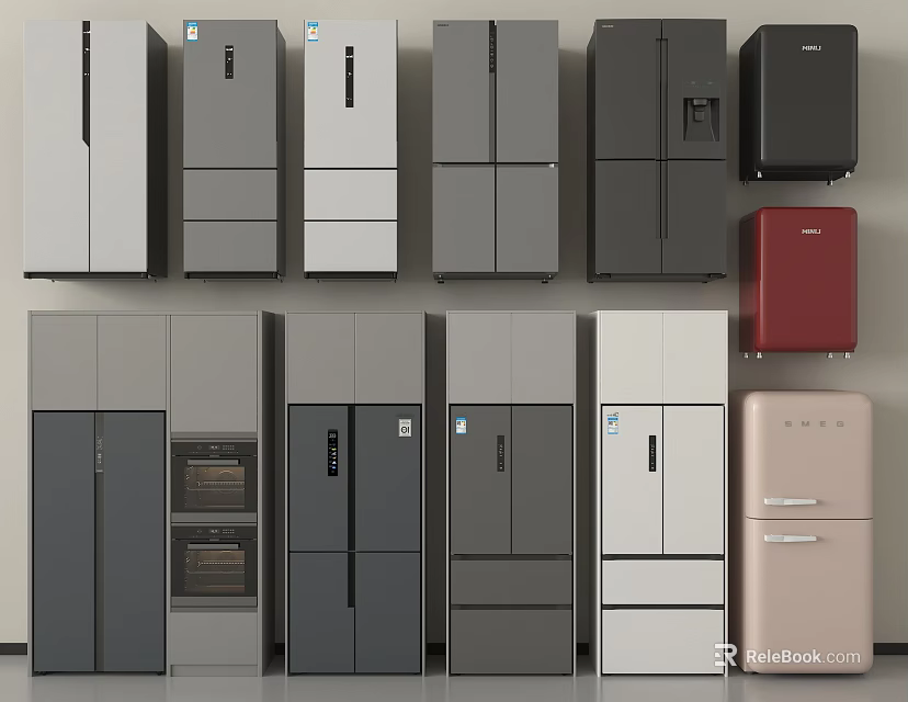 Modern Refrigerators And Freezers With Various Styles And Color Options For Home Kitchens 3d model 