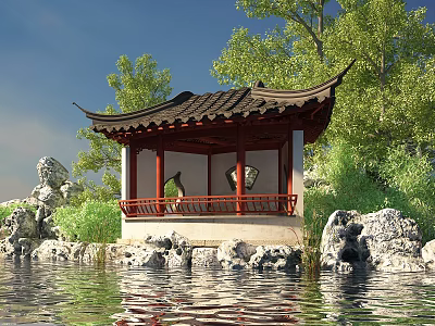 Traditional Chinese Pavilion With Curved Roof Surrounded By Trees Rocks And Water 3d model