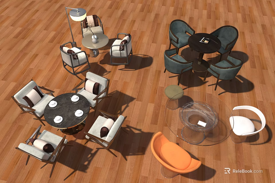 Stylish Interior With Various Table And Chair Sets On Wooden Floor 3d model 