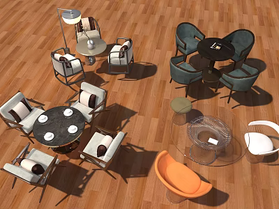 Stylish Interior With Various Table And Chair Sets On Wooden Floor 3d model