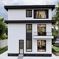 Modern Two Story Detached Villa With Balconies Lush Greenery And Palm Trees