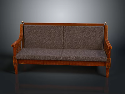 Vintage Wooden Bench With Woven Armrests Gray Fabric Backrest And Upholstered Seat 3d model