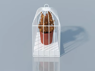 Decorative Bonsai Plant in Terracotta Pot on White Birdcage Shaped Stand with Brown Foliage 3d model