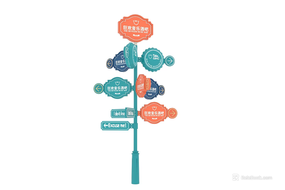 Art Installation With Colorful Directional Signs And Multiple Label Plates On Pole 3d model 