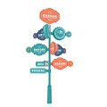 Art Installation With Colorful Directional Signs And Multiple Label Plates On Pole