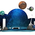 Starry Space Scene With Planets Cloud Shaped Structures Scooter And Suitcase 3d model
