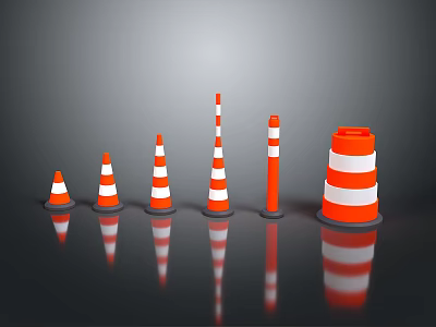 Orange and White Striped Traffic Cones in Various Sizes Arranged with Reflections 3d model