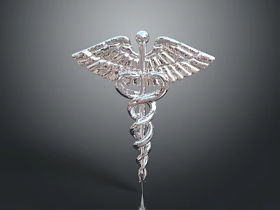 Exquisite Medical Caduceus Sculpture With Metallic Silver Wings And Coiled Serpents 3d model