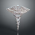 Exquisite Medical Caduceus Sculpture With Metallic Silver Wings And Coiled Serpents