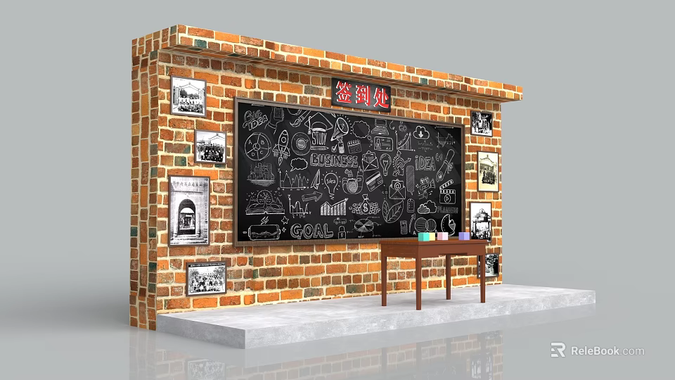Sign in Station With Brick Wall Blackboard Hand drawn Artwork Posters And Wooden Table 3d model 