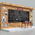 Sign in Station With Brick Wall Blackboard Hand drawn Artwork Posters And Wooden Table
