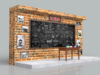 Sign in Station With Brick Wall Blackboard Hand drawn Artwork Posters And Wooden Table 3d model