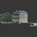 European Architecture With Blue Roof Arched Windows Classical Facade Steps And Green Plants