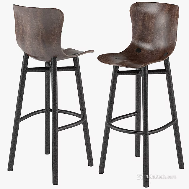 Modern Wooden Bar Stools With Sleek Black Metal Legs And Comfortable Curved Seats 3d model 