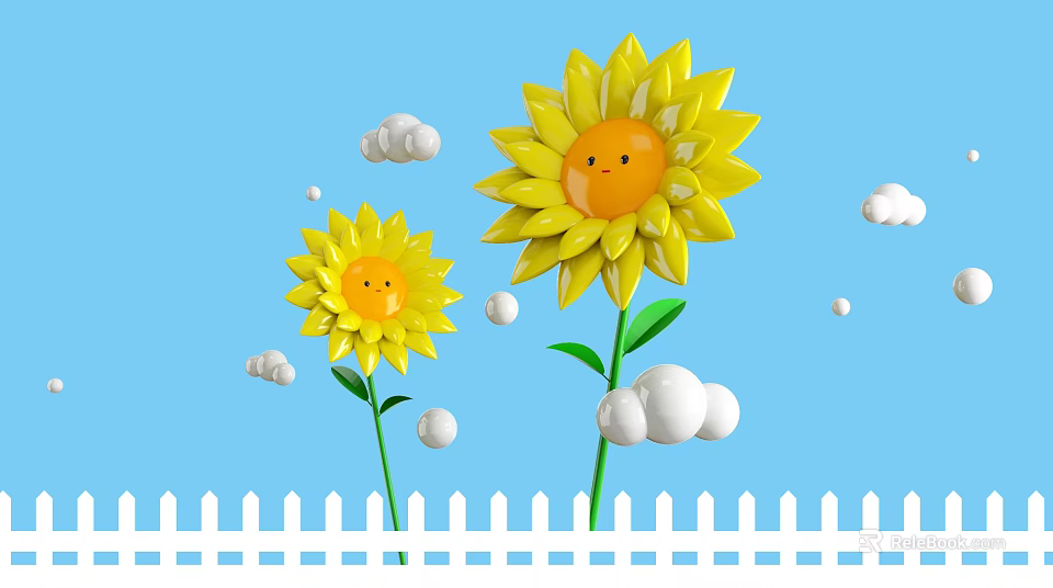 Cartoon Scene With Smiling Sunflowers Clouds And White Fence On Blue Background 3d model 