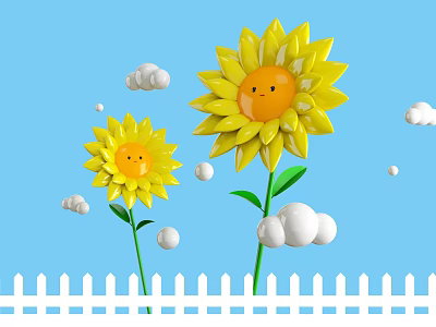 Cartoon Scene With Smiling Sunflowers Clouds And White Fence On Blue Background 3d model