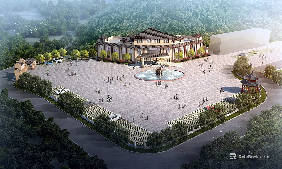 Traditional Style Office Building With Central Plaza Fountain Green Trees And People Gathering 3d model 