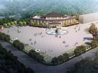 Traditional Style Office Building With Central Plaza Fountain Green Trees And People Gathering 3d model
