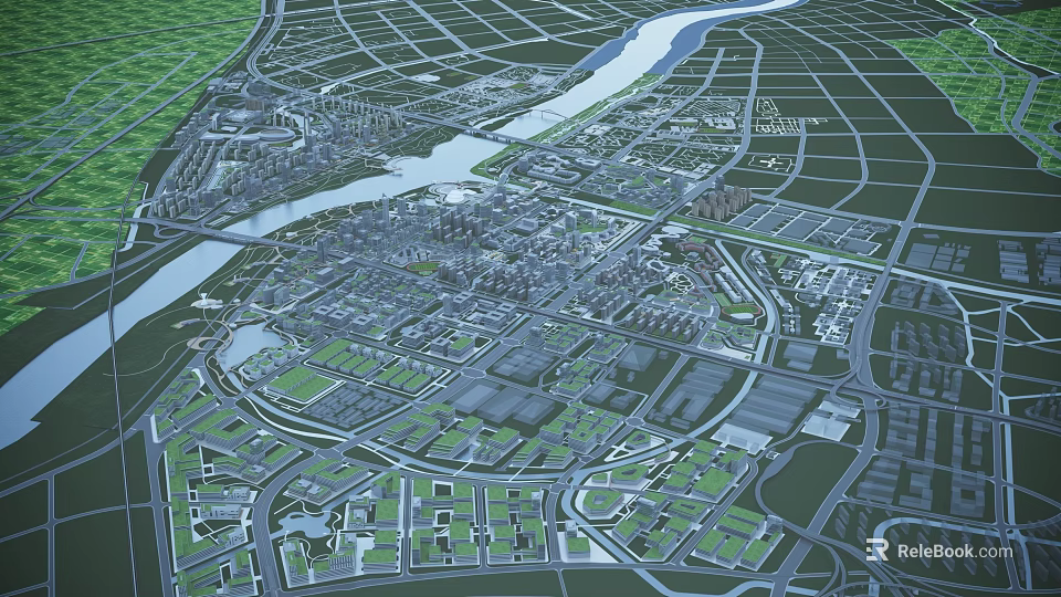 Aerial Planning of Urban Layout with River System Road Networks and Green Spaces 3d model 