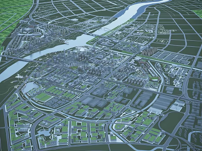 Aerial Planning of Urban Layout with River System Road Networks and Green Spaces 3d model
