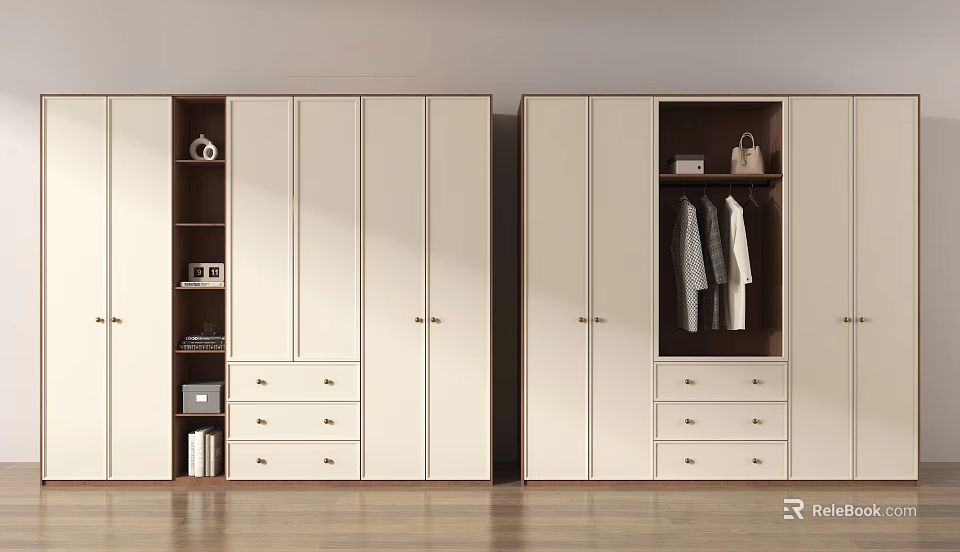 Modern White Wardrobe Featuring Drawers Open Shelves Hanging Clothes Handbag and Books 3d model 