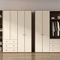 Modern White Wardrobe Featuring Drawers Open Shelves Hanging Clothes Handbag and Books