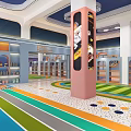 Modern Kindergarten Interior With Colorful Floor Curved Walls And Cartoon Rabbit Sculpture