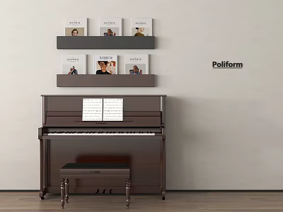 Musical Instruments and Art Supplies Featuring Piano Sheet Music on Poliform Shelves with Books 3d model