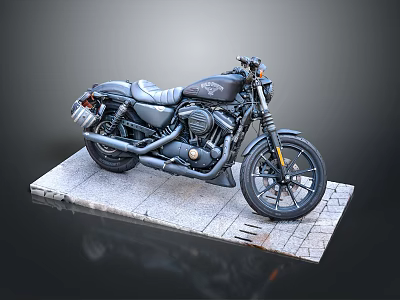 Classic Black Motorcycle With Leather Seat Exhaust Pipes On Stone Slab Platform 3d model