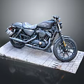 Classic Black Motorcycle With Leather Seat Exhaust Pipes On Stone Slab Platform