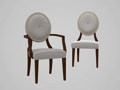 Elegant Classic Dining Chairs With Round Nailhead Trim Back Armrests And Light Fabric Seats And Dark Wooden Legs 3d model
