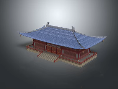 Cartoon Scene of Traditional Chinese Building with Blue Roof Red Columns and Curved Eaves 3d model