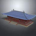 Cartoon Scene of Traditional Chinese Building with Blue Roof Red Columns and Curved Eaves